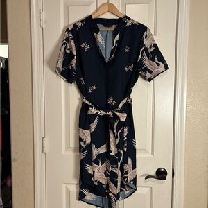 SHEIN Dark Blue Bird Print Midi Dress